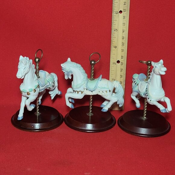 Vintage Bisque Porcelain Carousel Horse Wood Stand Lot of 3 - Picture 10 of 11